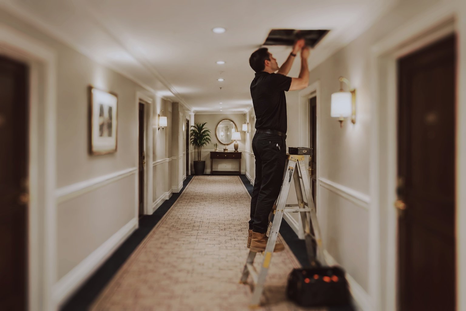 Contractor carrying out a maintenance repair in a hotel corridor